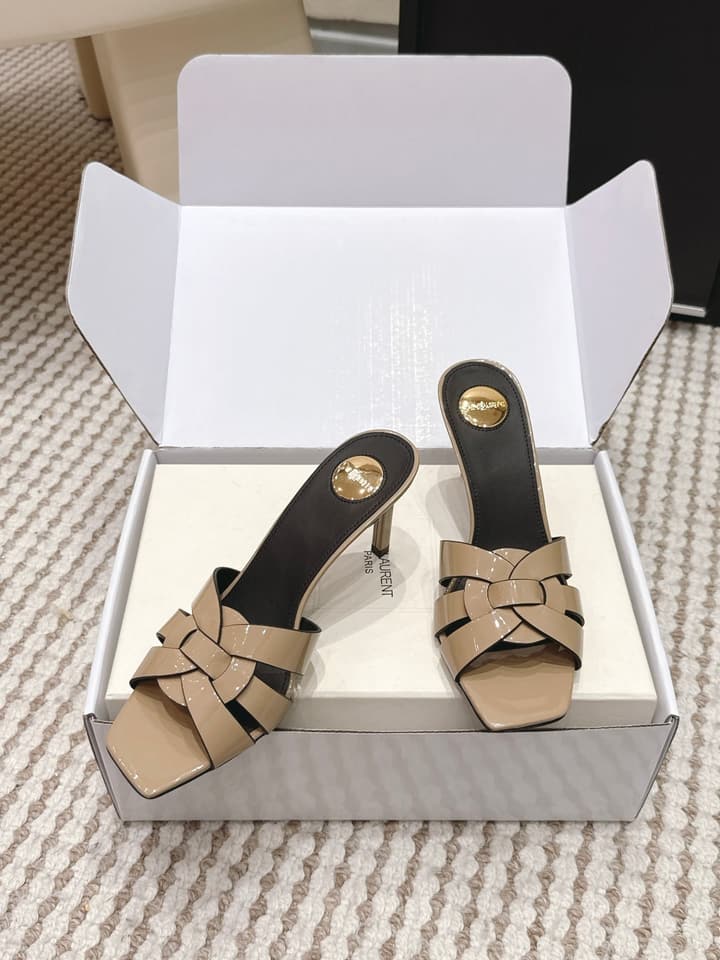 Saint Laurent Melody Square-Toe Heeled Sandals – 2026 Spring/Summer Collection in Beige Patent