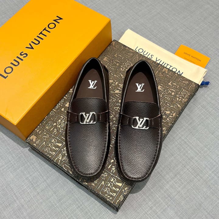 Louis Vuitton Men's Grained Leather Driving Shoes in Dark Gunmetal Hardware