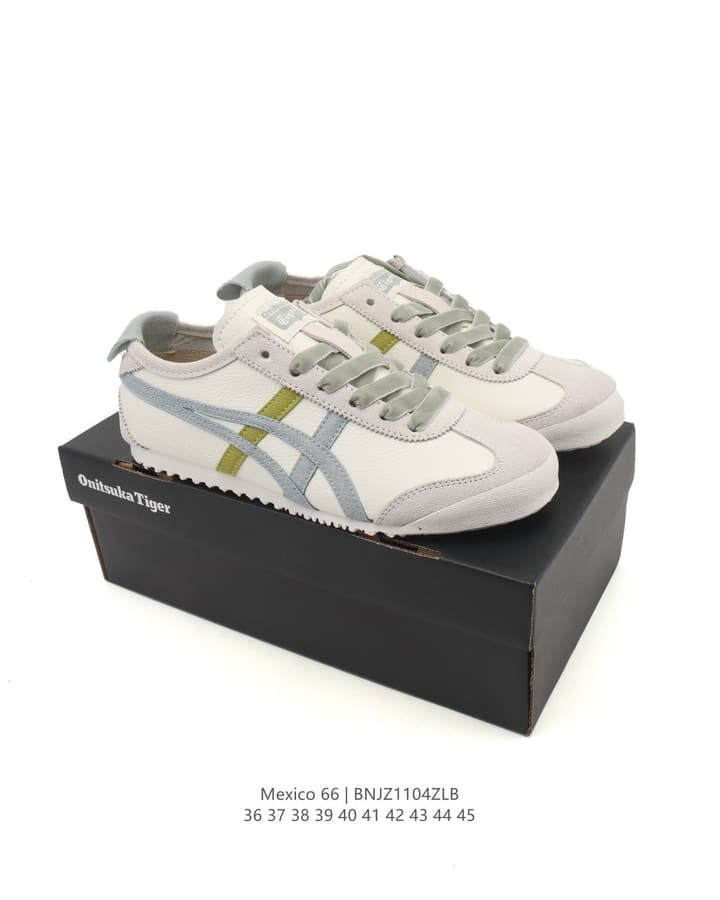 Onitsuka Tiger Mexico 66 Classic Retro Sneakers in Cream With Grey And Lime Stripes