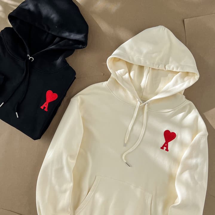 Ami Paris Ami De Coeur Heart Embroidery Hoodie in Beige