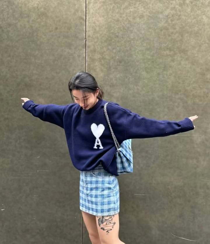 AMI Paris Heart Letter Knit Sweater in Deep Navy Blue