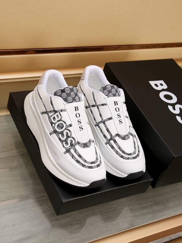 Boss New Men's Luxury Athletic Sneakers in Black With White Detail