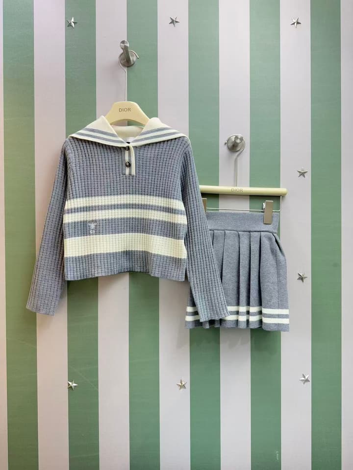 Dior Girls' Knit Cardigan and Skirt Set – 2025SS in Navy Blue With White Stripe