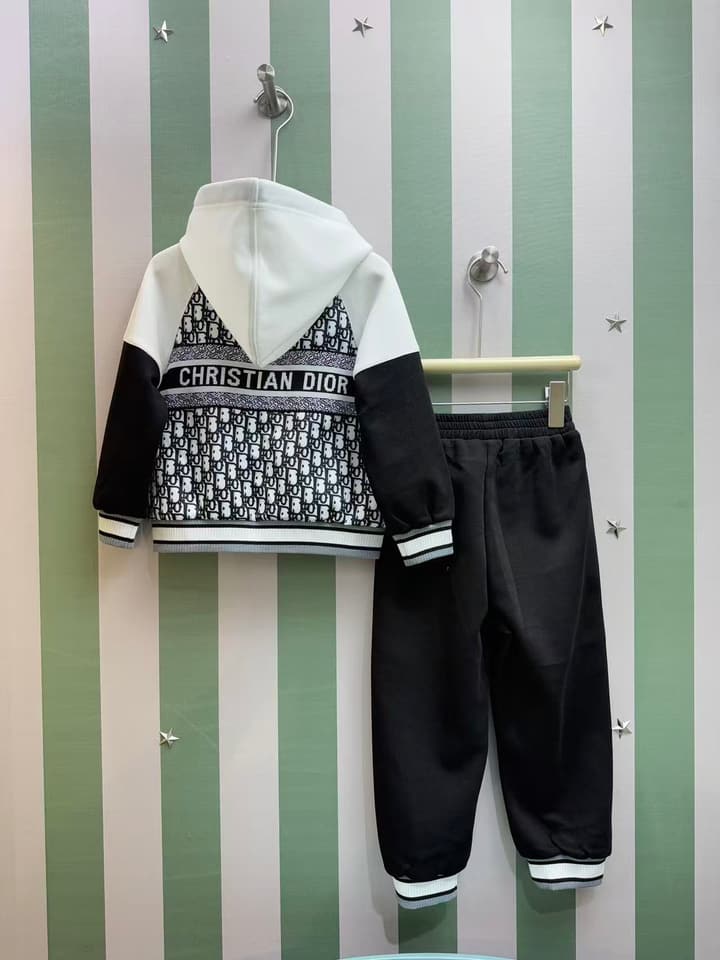 Dior High-End Children's Hooded Tracksuit Set – Kids Collection – 2025AW in Black And White Monogram
