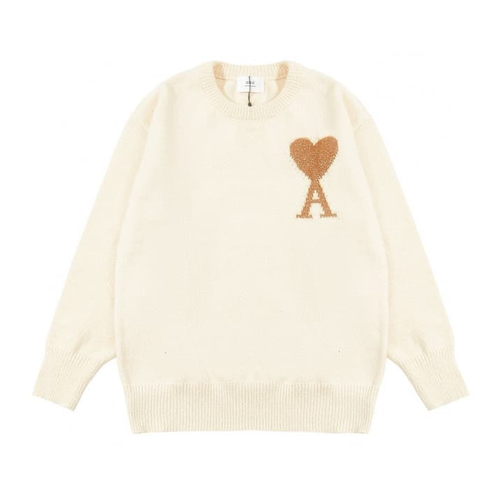 AMI Paris Gold Thread Heart Jacquard Sweater – 24FW Limited Edition in Off-white Gold Heart Knit