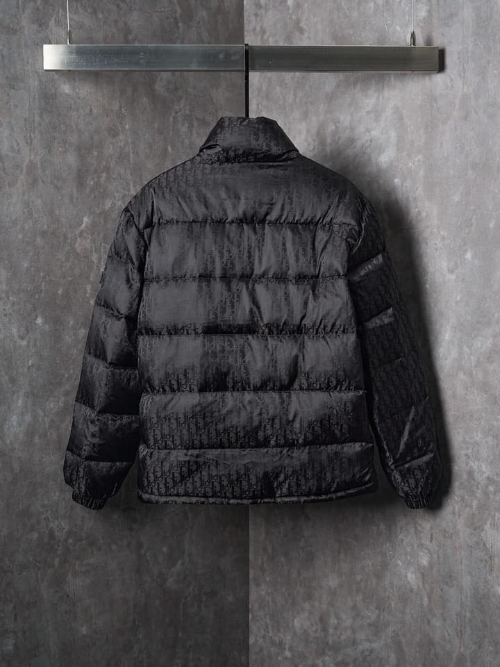 Dior Full Print Jacquard Stand Collar Puffer Jacket in Dark Gray Puffer Jacket