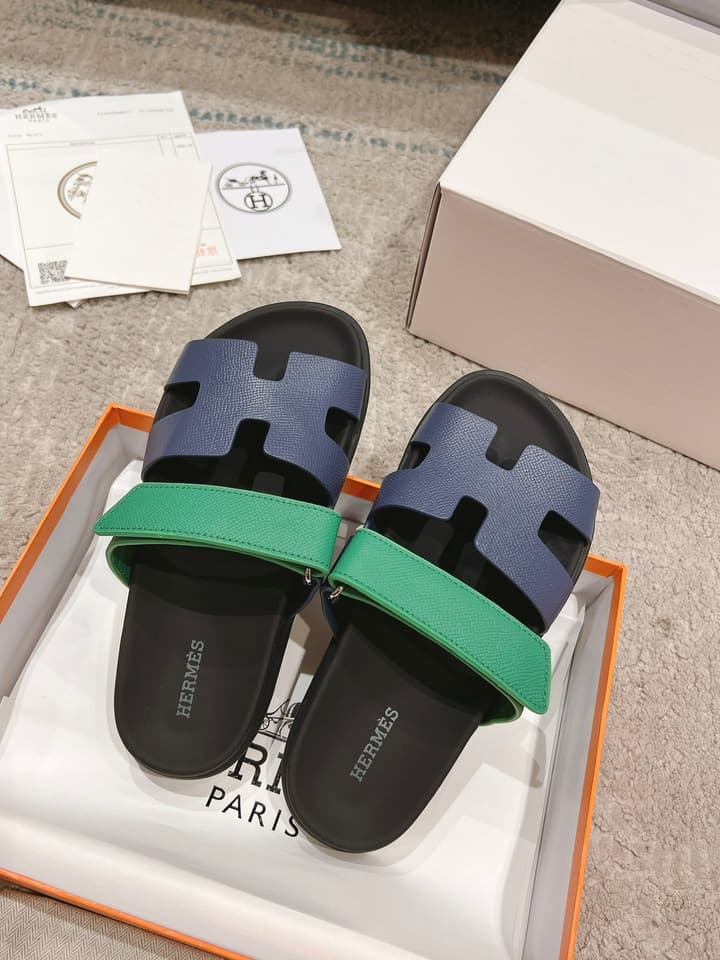 Hermès Chypre Suede Unisex Slides in Black With Dark Blue Strap