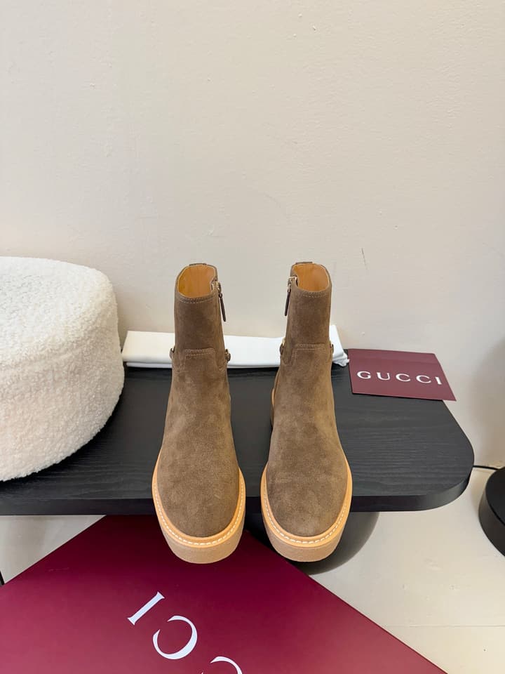Gucci Runway Suede Boots in Taupe Suede
