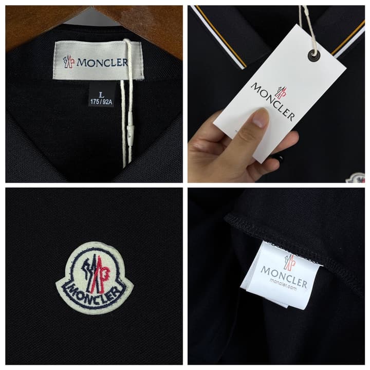 Moncler Classic Striped Collar Embroidered Long Sleeve Polo Shirt – Spring/Autumn Collection in Black With White Tipping (hanger)