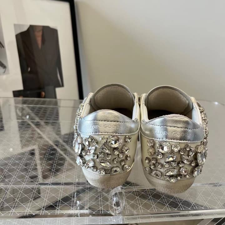 Golden Goose Superstar Diamond Tail Sneakers – 2023 Autumn/Winter in Distressed White With Royal Blue Rhinestone Heel