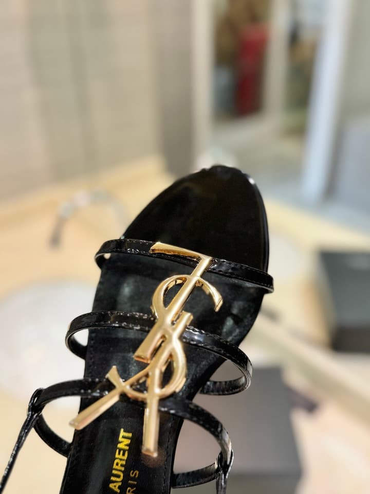 Saint Laurent YSL Metal Logo Heeled Sandals in Matte Black Criss-cross Strap Sandal