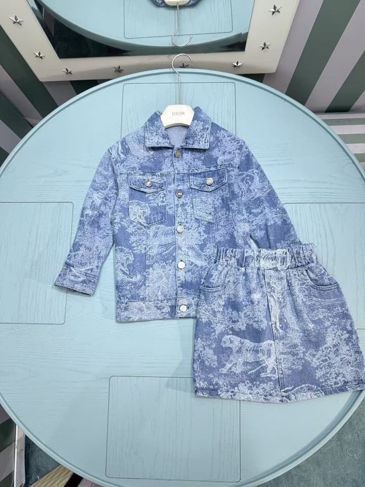Dior Kids Printed Jacket and Skirt Set – 2025SS – Kids Collection in Blue Watercolor Print Set