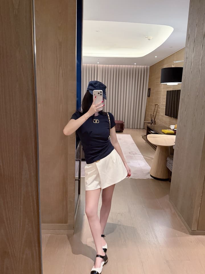 Valentino V-Logo Gold Thread Embroidery T-Shirt in Blue