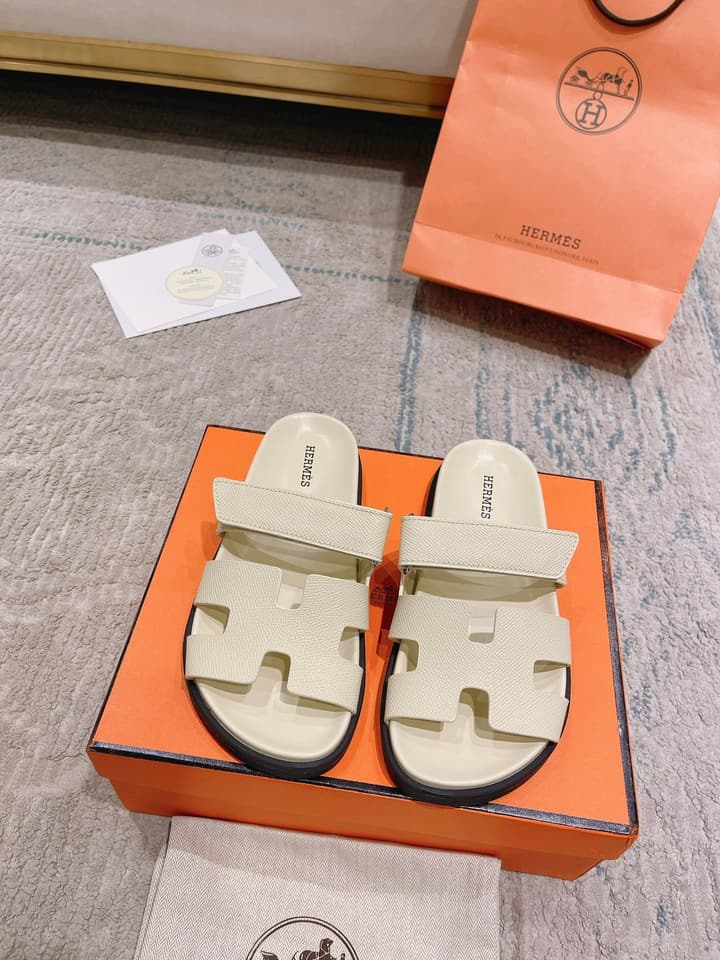 Hermès Chypre Suede Unisex Slides in Black With Dark Blue Strap