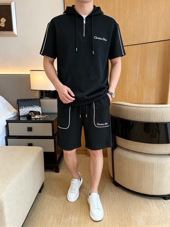 Dior Classic Air Layer T-Shirt and Shorts Set – 2026 Summer Collection in Black Crewneck Oblique Stripe