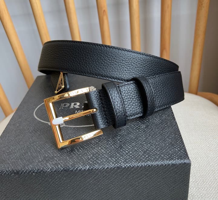 Prada Leather Belt with Triangle Logo in Black Leather Gold Buckle