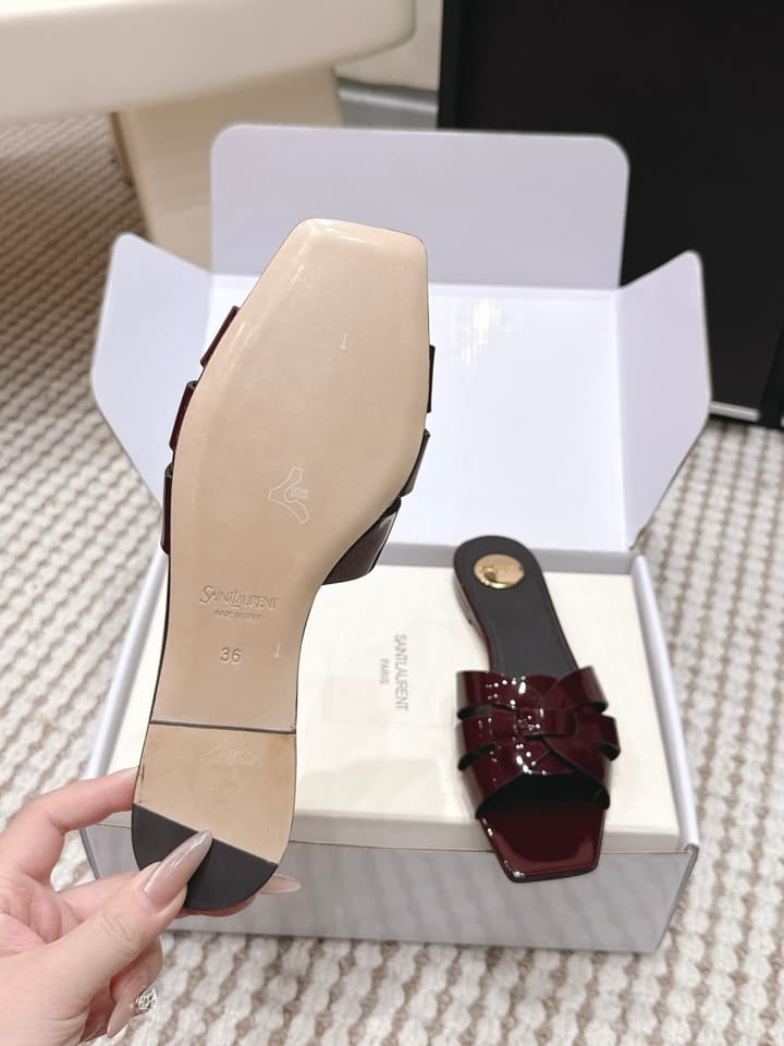 Saint Laurent Melody Square Toe Flat Sandals – 2026SS in Burgundy Patent