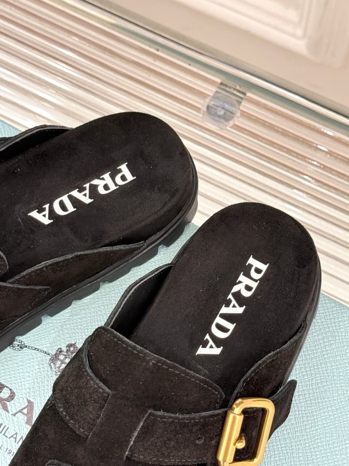 Prada Triangle Logo Birkenstock Slippers – Spring/Summer Collection in Black Suede