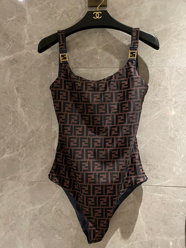Fendi Versatile One-Piece Bikini Swimsuit in Brown Ff Logo Bikini