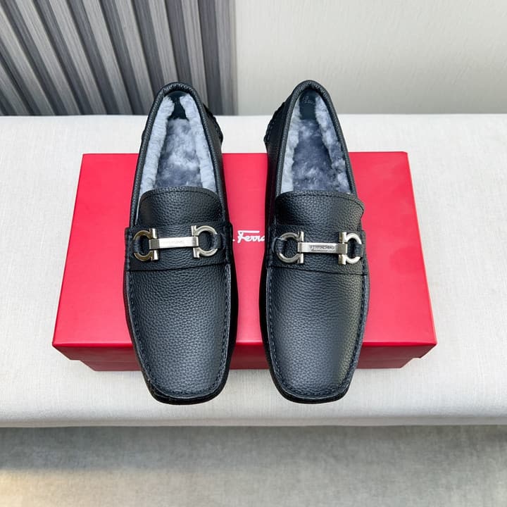Ferragamo Imported Cowhide Fur-Lined Loafers in Black Patent Leather