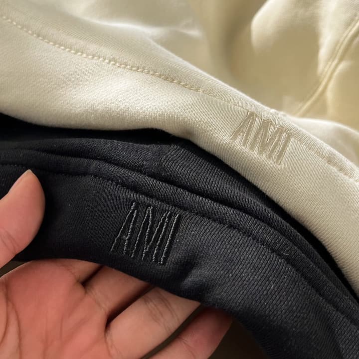 Ami Paris Ami De Coeur Heart Embroidery Hoodie in Beige