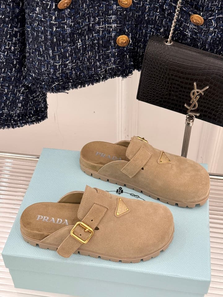 Prada Triangle Logo Birkenstock Slippers – Spring/Summer Collection in Black Suede