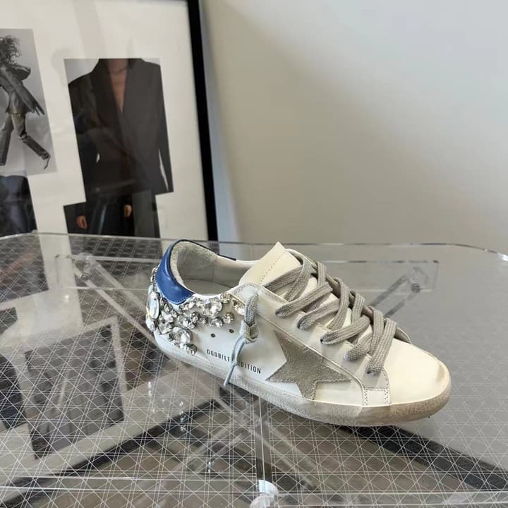 Golden Goose Superstar Diamond Tail Sneakers – 2023 Autumn/Winter in Distressed White With Royal Blue Rhinestone Heel