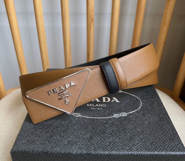 Prada Triangle Logo Buckle Belt in Classic Camel Leather