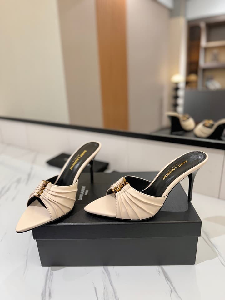 Saint Laurent Crystal Chain Heeled Sandals – 2025 Spring/Summer Collection in Beige