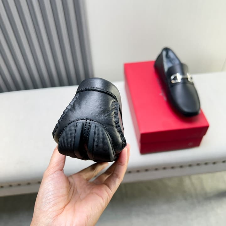 Ferragamo Imported Cowhide Fur-Lined Loafers in Black Patent Leather