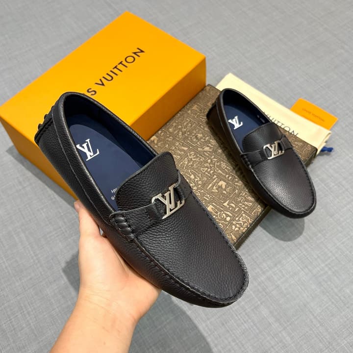 Louis Vuitton Men's Grained Leather Driving Shoes in Dark Gunmetal Hardware