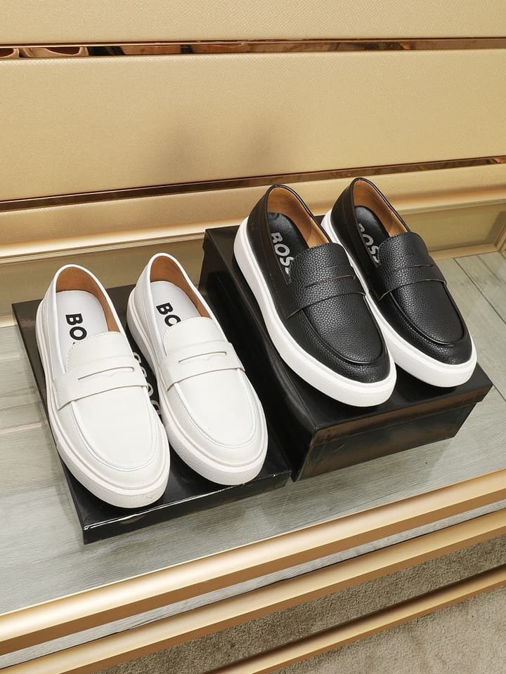 Boss Men's Luxury Leather Slip-On Loafers in Black Smooth Leather