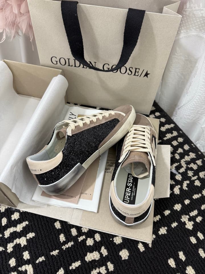 Golden Goose Super Star Rhinestone Leather Sneakers in Grey Suede Black Leather White Star