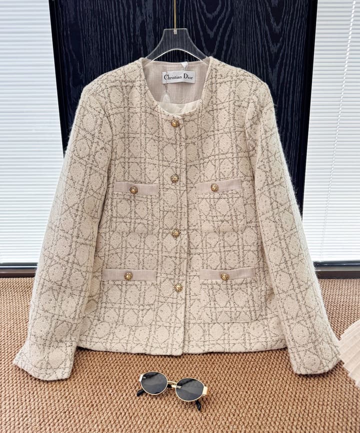Dior Wealthy Heiress Diamond Quilted Tweed Down Jacket in Beige Tweed Down Jacket