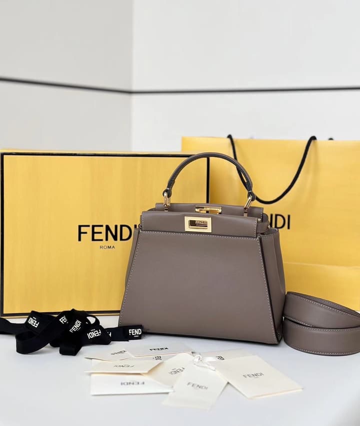Fendi Peekaboo Classic Calfskin Handbag in Taupe Leather
