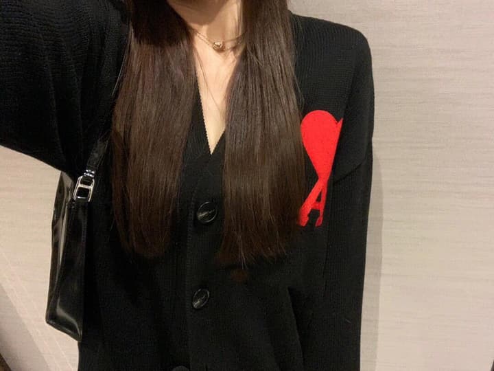 AMI Paris Heart A Knit Cardigan in Black