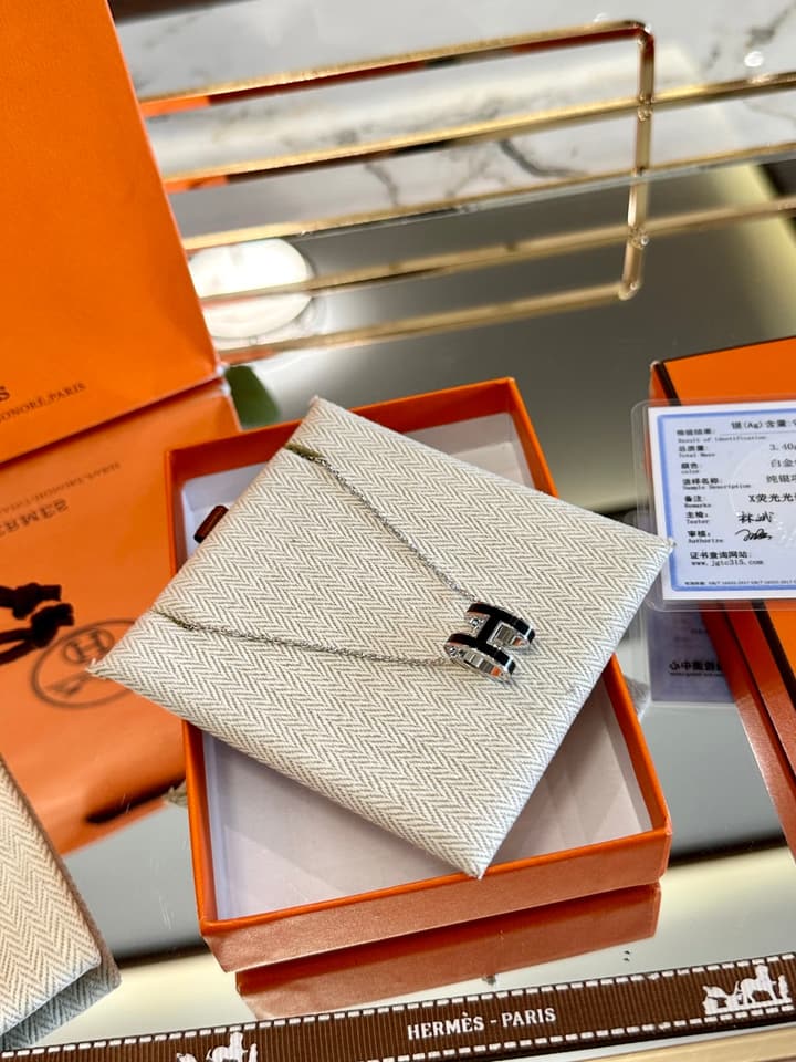 Hermès H-Letter Oval Enamel Necklace in Gold