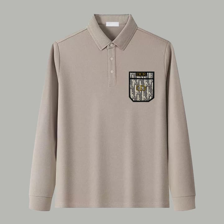 Dior Silk Long Sleeve Polo Shirt with Metal Patch in White With Solid Pocket