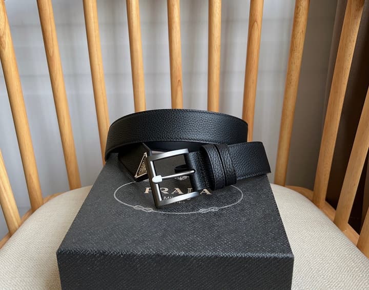 Prada Leather Belt with Triangle Logo in Black Leather Gold Buckle