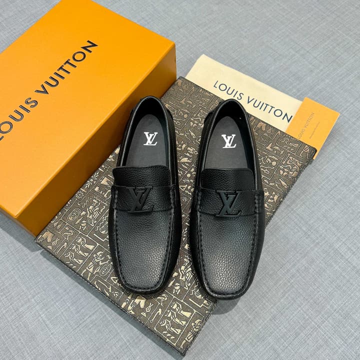 Louis Vuitton Men's Grained Leather Driving Shoes in Dark Gunmetal Hardware