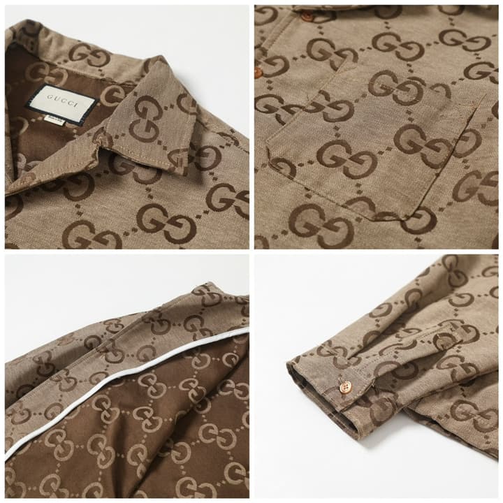 Gucci Double G Jacquard Collared Long Sleeve Shirt Jacket – 25SS in Khaki Double G Jacquard