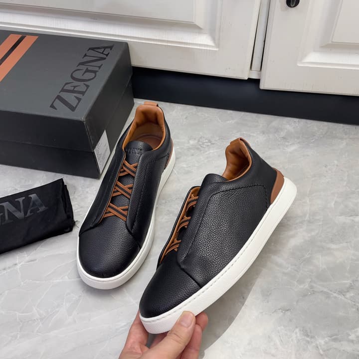 Zegna Triple Stitch Low-Top Sneakers in Navy Blue
