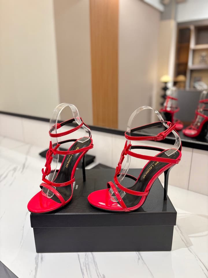 Saint Laurent YSL Logo Mirror Leather Heeled Sandals in Black With Black Logo