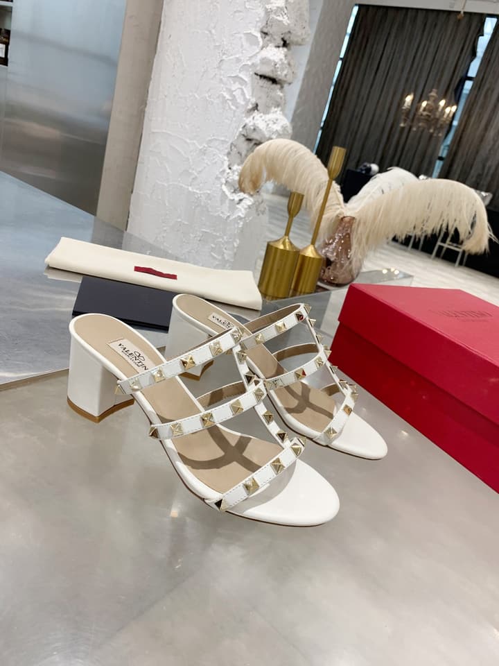Valentino Rockstud Classic Block Heel Sandals in Nude With Gold Studs