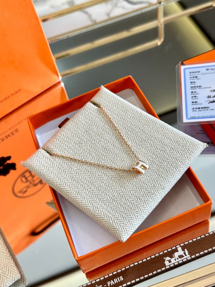 Hermès H-Letter Oval Enamel Necklace in Gold