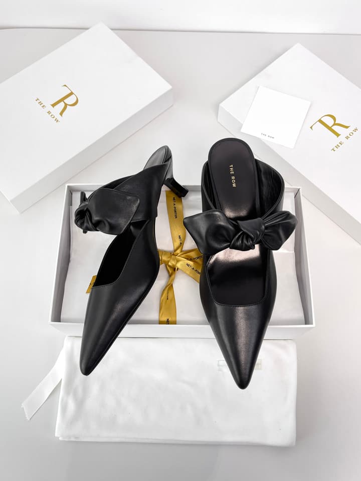 The Row Leather Bow Mules in Black Leather