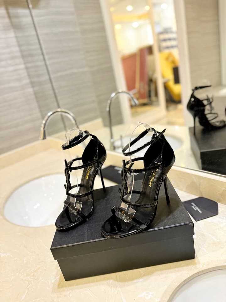 Saint Laurent YSL Logo Lacquer Heeled Sandals in Black Matte With Black Logo