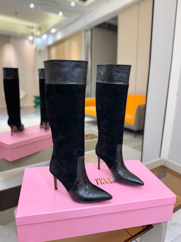 Paris Texas Crocodile Embossed Stiletto Knee-High Boots in Black Suede And Leather