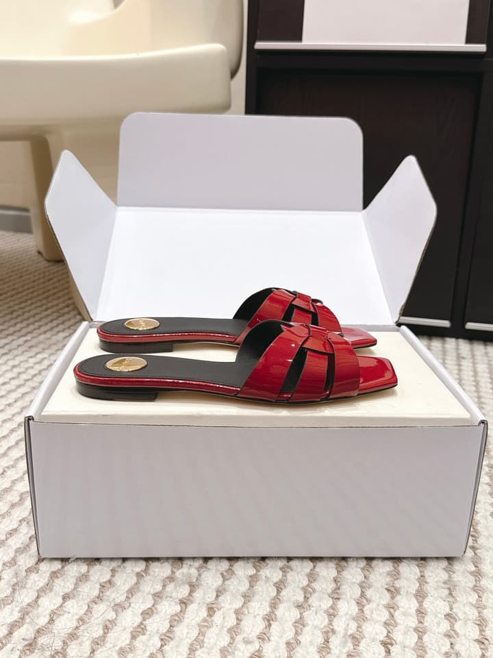 Saint Laurent Melody Square Toe Flat Sandals – 2026SS in Burgundy Patent