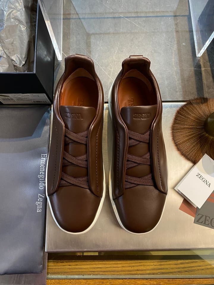 Zegna Triple Stitch Leather Sneakers in Black Smooth Leather